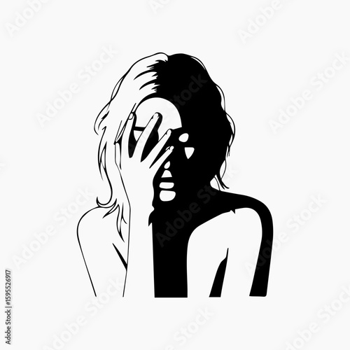 Striking monochrome portrait of a woman with hand covering face in distress.