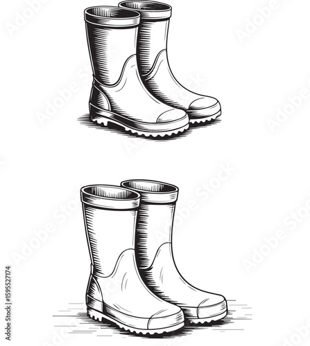 Hand drawn illustration of two pairs of rubber boots