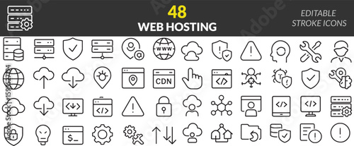 Set of Web Hosting Icons for Website and App Design Editable Stroke Style Web Hosting and Development Concepts
