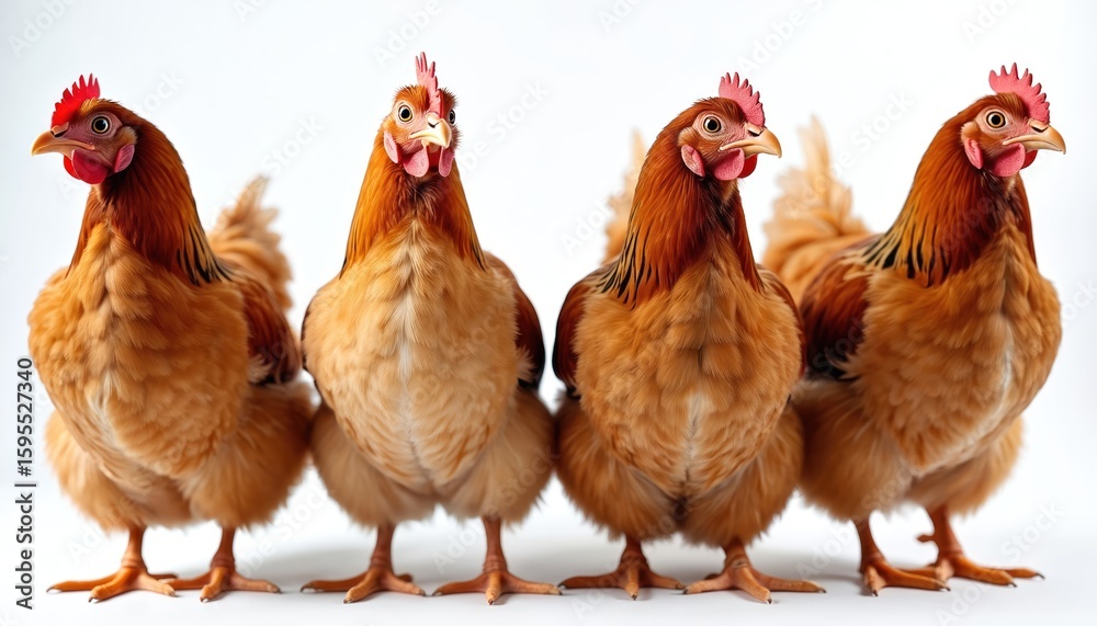 Fototapeta premium Four brown farm chickens stand in row against clean white background. Domestic birds display vibrant feathers, alert eyes, presented with striking clarity for agricultural natural history themes.