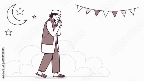 Man praying during Ramadan under crescent moon and stars.