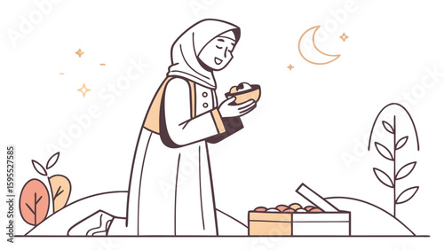 Woman in hijab breaking fast during Ramadan with dates and food.