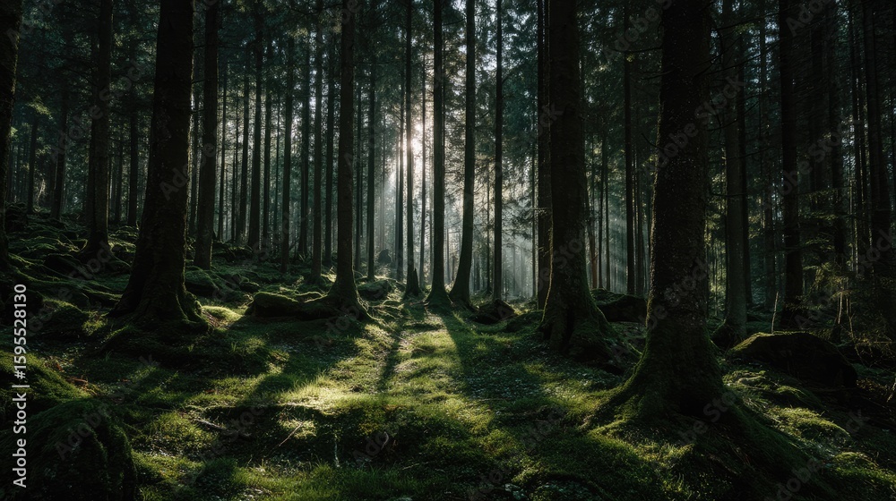 Obraz premium Sunlight filtering through a dense forest.