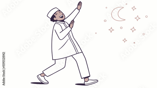 A young Muslim boy in traditional attire joyfully reaching for the crescent moon and stars in the night sky.