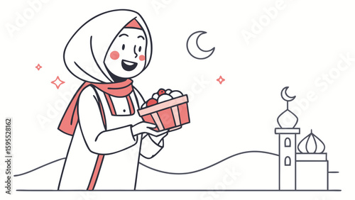 A happy Muslim woman in a hijab holds a gift box during a religious celebration with a mosque in the background.
