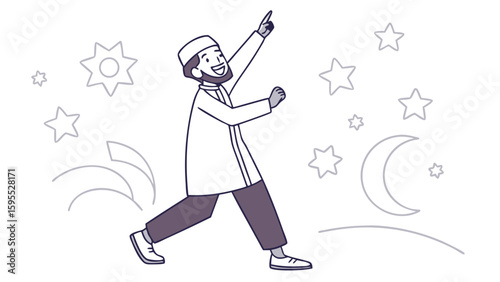 A smiling Muslim man in traditional attire points upwards towards stars and a crescent moon in a line art illustration.