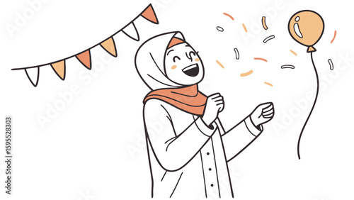 A joyful woman wearing a hijab celebrates with a balloon and confetti, looking upwards with delight.