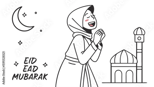 A woman in a hijab prays with joy under a crescent moon and stars, with a mosque in the background, celebrating Eid Mubarak.