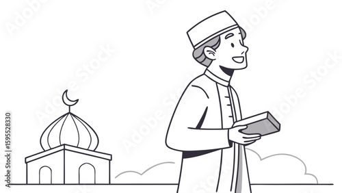 Happy Muslim man in traditional attire holding a book, standing near a mosque with a dome and crescent moon, line art illustration.
