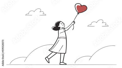 A young girl joyfully holds a heart-shaped balloon, symbolizing love and happiness.