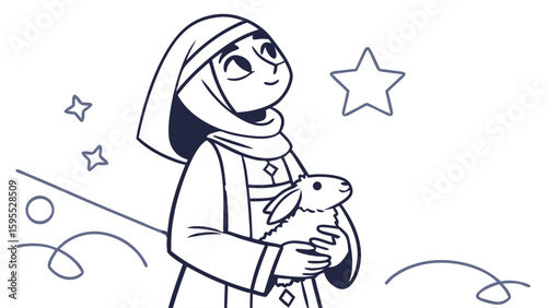 Illustration of a person holding a lamb, looking at stars, in black and white.