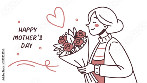 A charming hand-drawn illustration of a woman smelling a bouquet of flowers for Mother's Day.