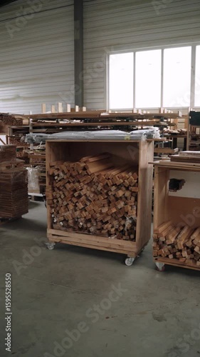 Industrial storage bins filled with wooden scraps and planks on wheels in a woodworking workshop. Located near large windows in a well-lit facility, the video shows organized material collection