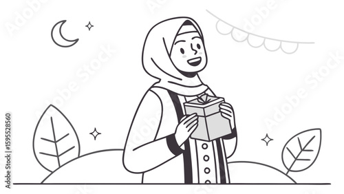 A smiling Muslim woman in a hijab holds a gift box, celebrating a special occasion under a crescent moon and festive decorations.