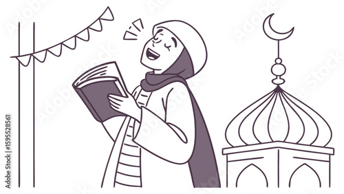 A joyful Muslim woman recites from a holy book with a mosque and festive decorations in the background, celebrating her faith.