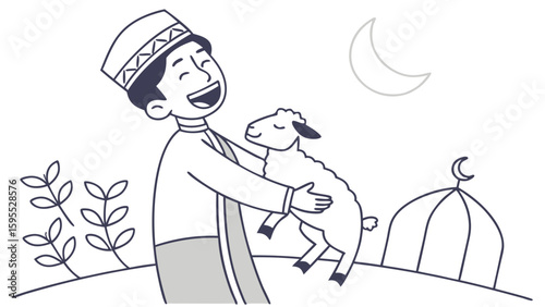A joyful Muslim boy in traditional clothing lovingly hugs a small lamb for the Eid al-Adha celebration, with a mosque in the background.