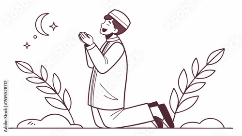 Illustration of a Muslim man kneeling and praying under the moon and stars, surrounded by foliage.