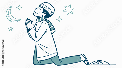 A young Muslim boy kneeling in prayer with a joyful expression under a crescent moon and stars, depicting a moment of spiritual devotion.