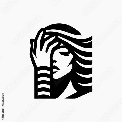 Stylized Woman with Hand on Forehead and Geometric Arm Bands.