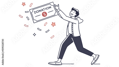 Cheerful person celebrates a donation, holding a certificate with confetti falling.