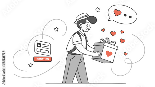 A young man happily holds a gift box adorned with a heart, representing donation and love, with a donation button and hearts floating around him.
