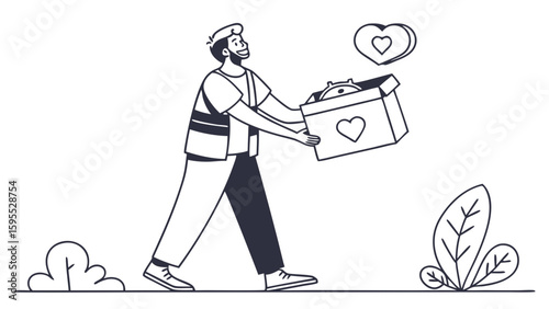 A volunteer carrying a box filled with donations, with heart symbols floating above.