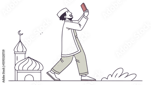 Muslim man in traditional attire walks towards a mosque while looking at his mobile phone and smiling.