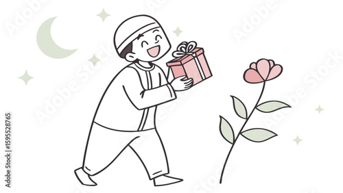 A joyful Muslim boy in traditional clothing holds a gift box under a crescent moon, a hand-drawn illustration for a religious celebration.