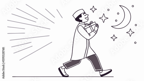 A happy Muslim man in traditional attire is running at night with a gift in his hands, under a crescent moon and stars.