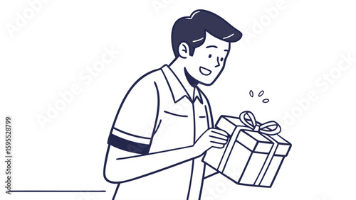 A man is happily opening a gift box, showing excitement and joy.