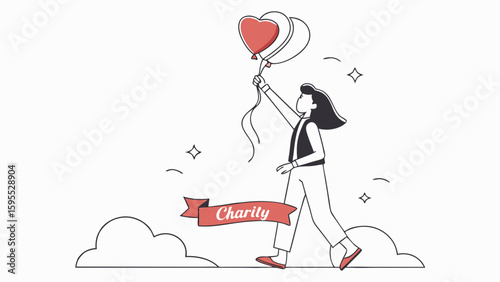 Illustration of a woman holding heart-shaped balloons with a banner reading 'Charity'.