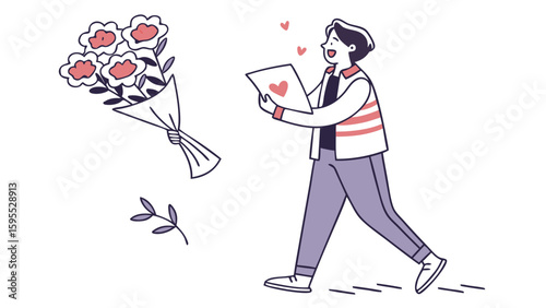 A happy man walks with a love letter, a bouquet of flowers floats beside him, and hearts appear above his head.