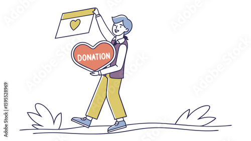 A person walking, holding a heart-shaped sign and a donation box, promoting charity.