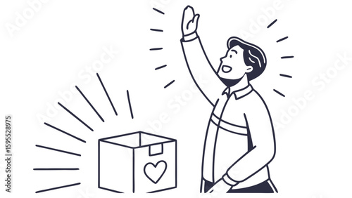 Illustration of a happy man raising his hand next to a donation box with a heart symbol, radiating light.