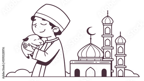 A young Muslim boy tenderly holding a lamb with a mosque in the background, an illustration for Eid al-Adha.