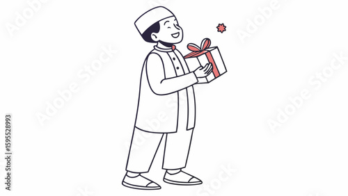 A happy Muslim boy in traditional attire holding a wrapped gift box, looking up with joy.