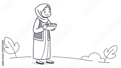 A smiling Muslim woman wearing a hijab holds a bowl of food outside, surrounded by simple foliage.