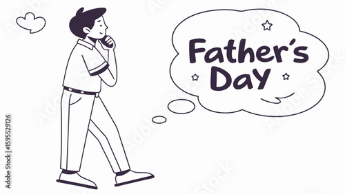 A thoughtful young man in a line art illustration contemplates Father's Day, shown in a thought bubble.