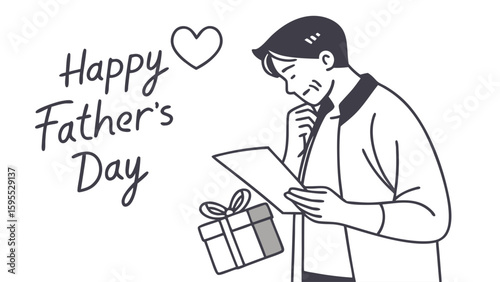 An elderly man reading a card, a gift box, and a heart symbol with "Happy Father's Day" text.