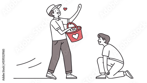 A man in a cap holds a bucket with hearts, reaching out to another man kneeling on the ground, both smiling.