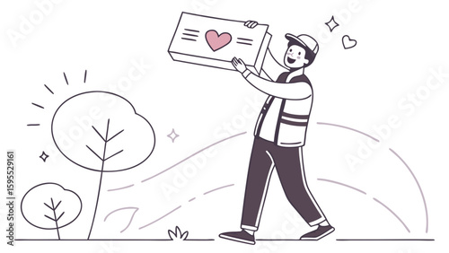 A delivery person is happily holding a package with a heart on it, symbolizing love and care.