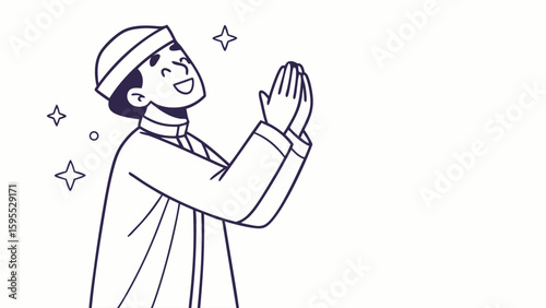 An illustrated man in traditional attire with hands clasped in prayer, smiling with joy.