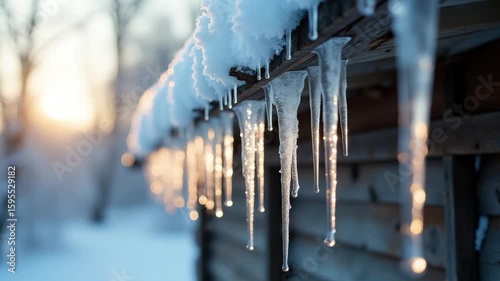 Icicles hanging from roof in winter landscape