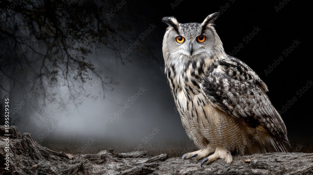 Fototapeta premium Owl perched on log in misty forest