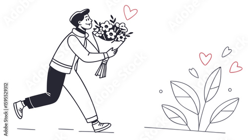 A charming hand-drawn illustration of a man joyfully running with a bouquet of flowers for a loved one.