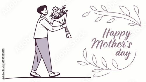 A person holding a bouquet of flowers, with text that says Happy Mother's Day.