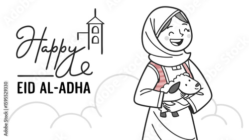 Illustration for Eid al-Adha featuring a girl holding a lamb with a mosque in the background.