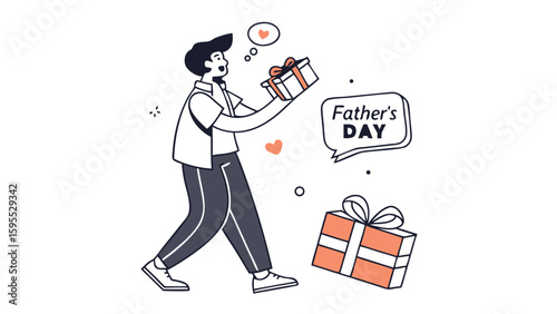 A man holding a gift box, thinking about Father's Day, with another present on the ground, in a minimalist line art style.