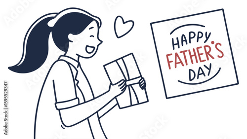 A smiling girl holding a gift box with a Father's Day greeting card.