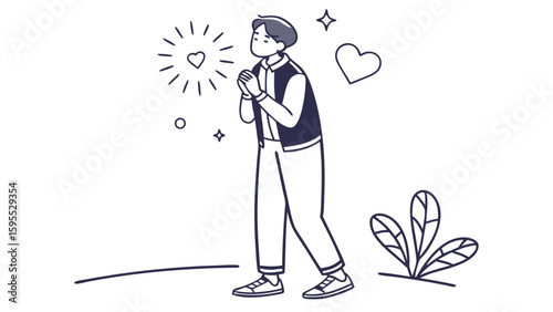 A hopeful young man clasps his hands with love hearts and sparkles around him in a line art illustration.